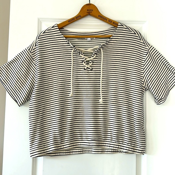 ANTHRO Jane & Delancey Black Striped Top with Lace Up Ties & Waistband Stretchy - Picture 2 of 11